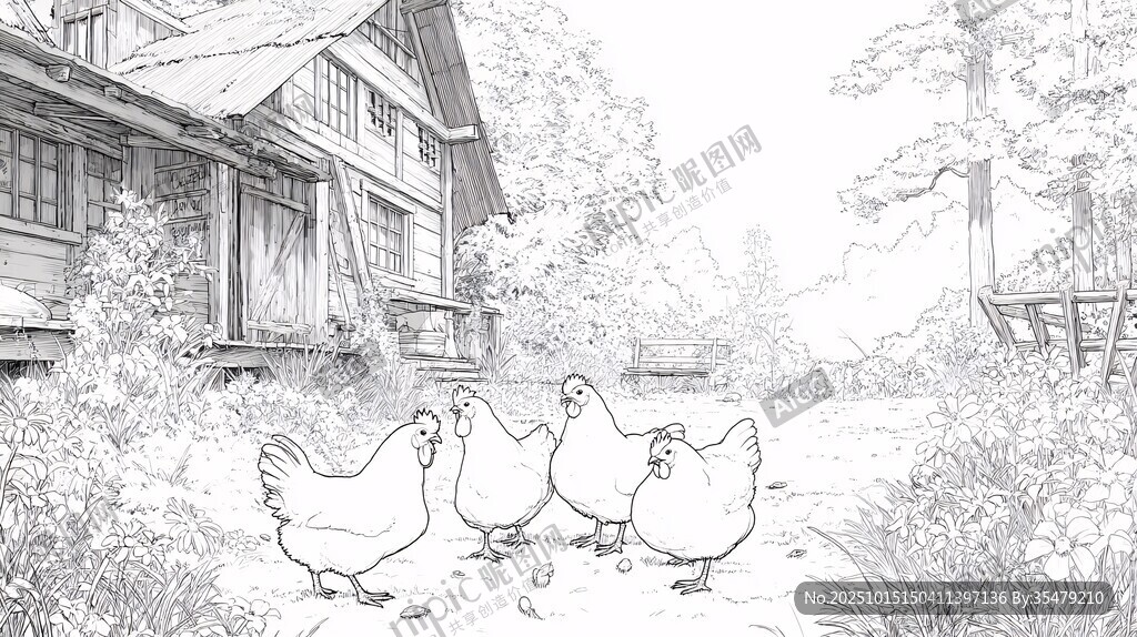 乡村小屋旁的悠闲鸡群