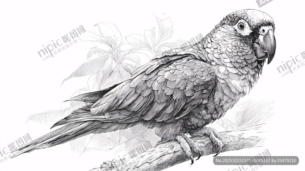 黑白素描鹦鹉栖息枝头