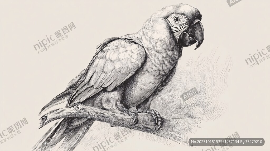 素描鹦鹉栖息枝头