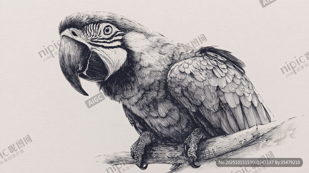 素描鹦鹉栖于枝头