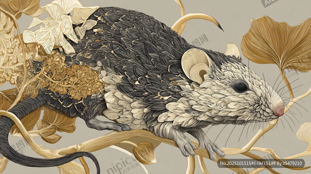 金叶间的精致鼠类插画