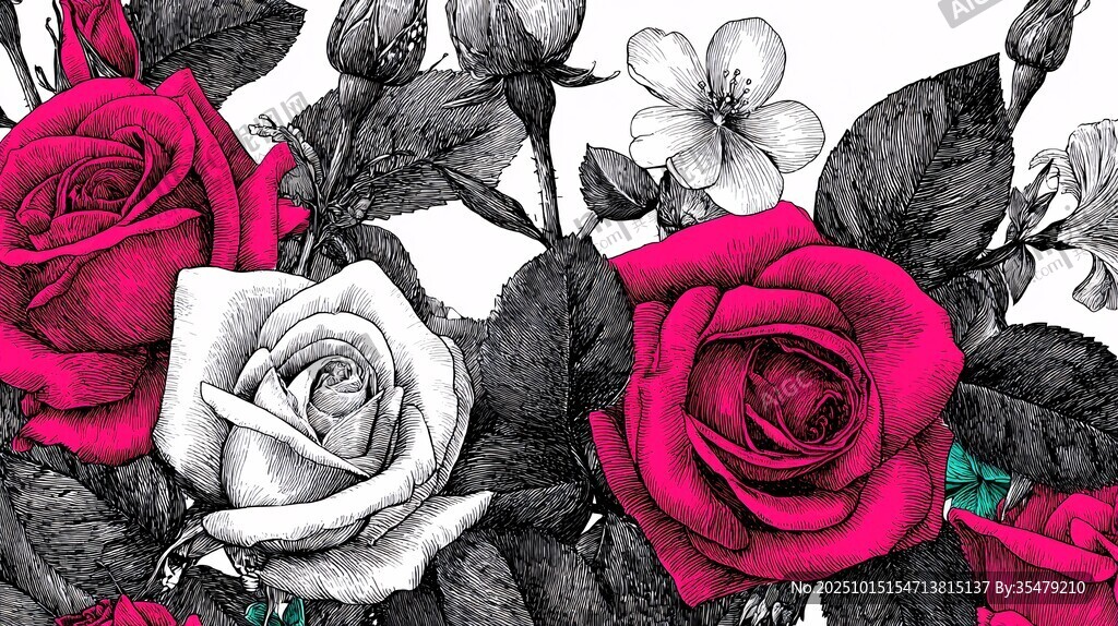 玫瑰花卉插画图案设计