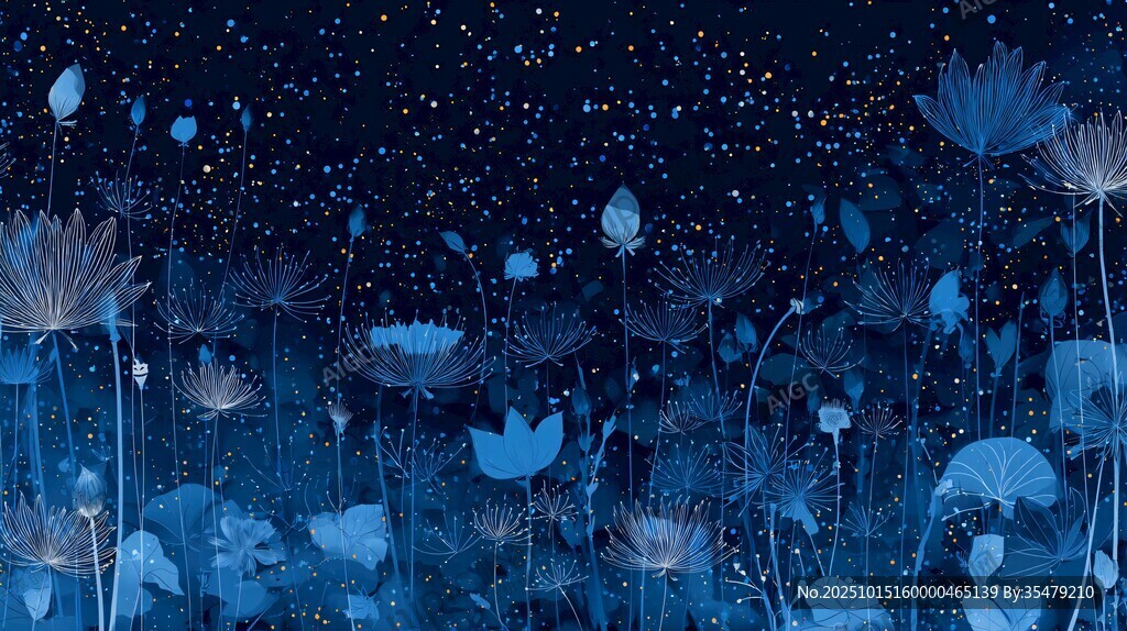 梦幻蓝色花卉星空夜景