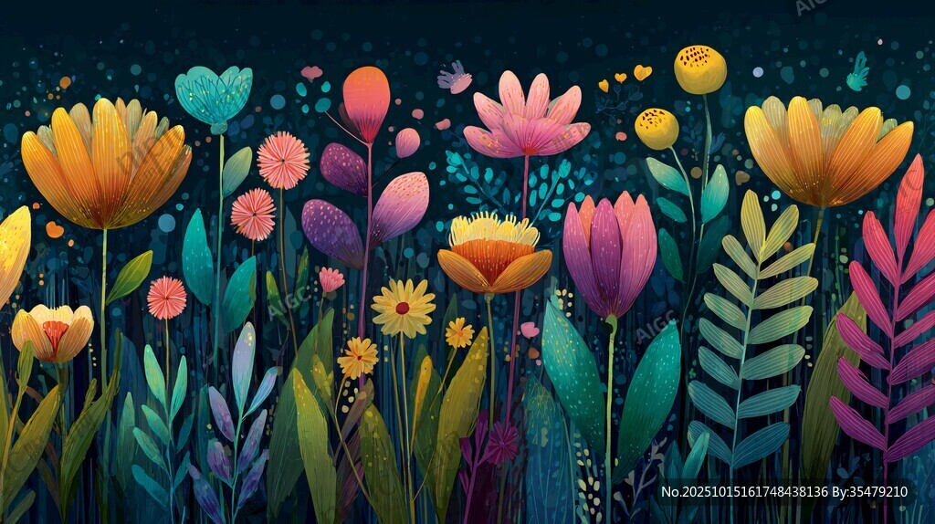 梦幻花卉夜景插画