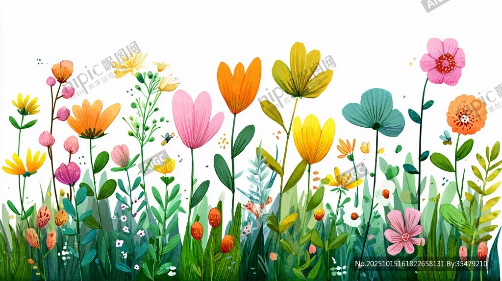 缤纷花卉草地插画