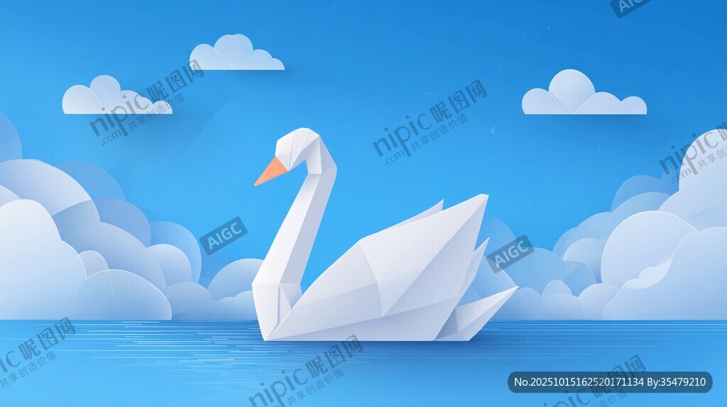 纸艺天鹅畅游蓝天碧水间