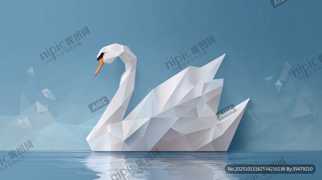 折纸天鹅静浮于蓝色水面