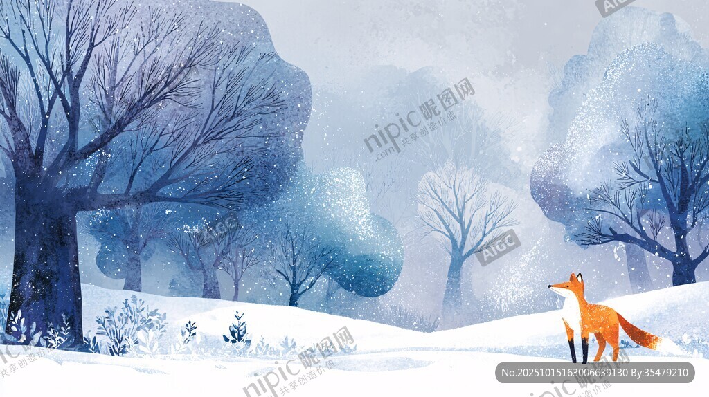 冬日雪林里的狐狸漫步