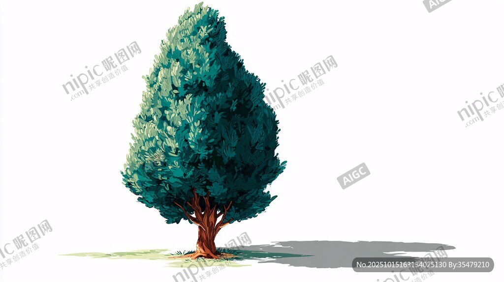 单棵翠绿树的清新插画