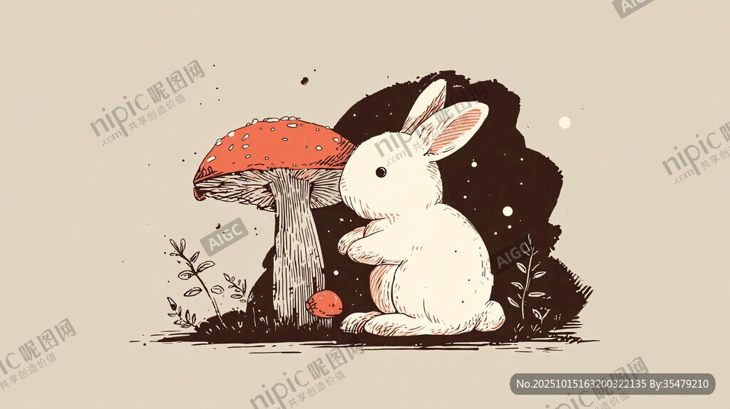 白兔倚蘑菇的奇幻小景
