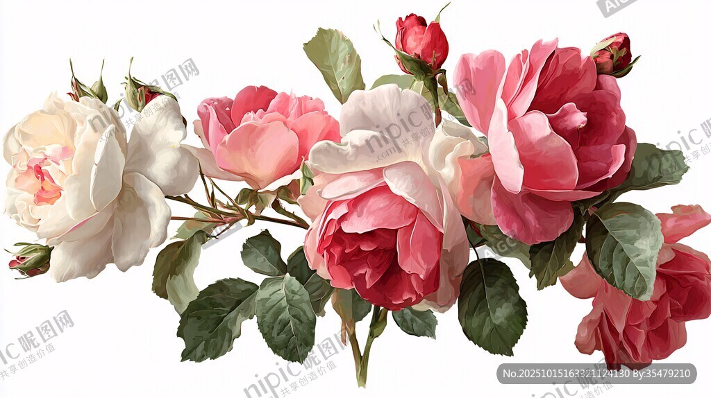 复古风多色玫瑰花卉插画