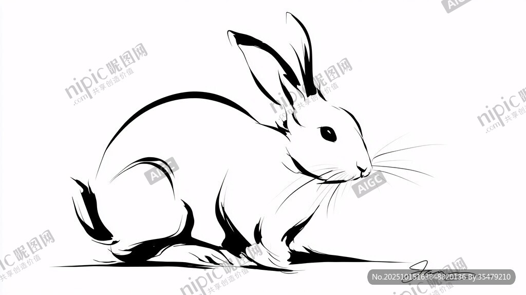 黑白线条风蹲坐兔子插画