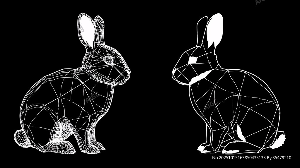 黑白线条风双兔插画