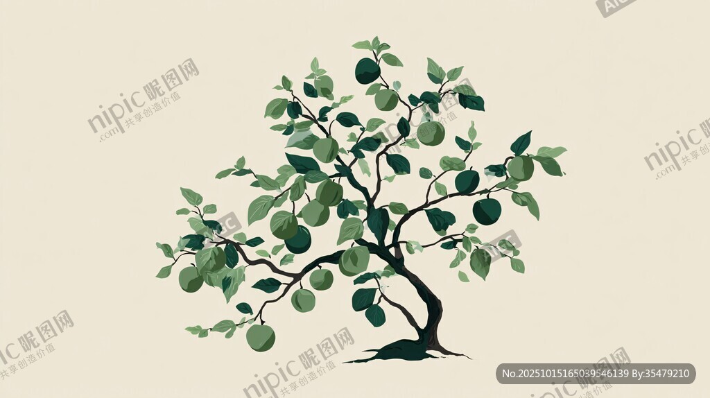 手绘清新绿植果树插画