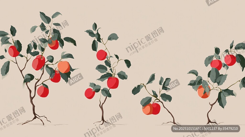 水墨风苹果树插画作品