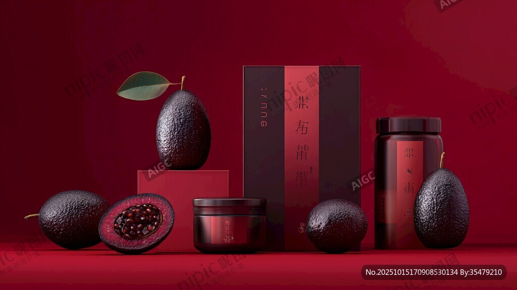 红底牛油果及护肤产品展示