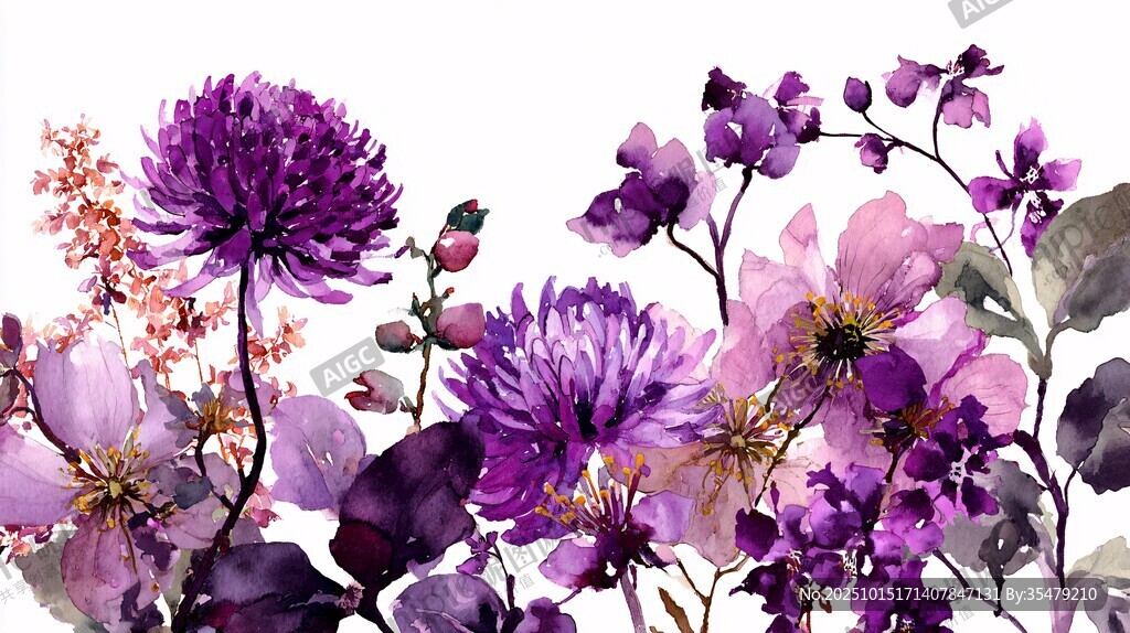 紫色花卉水彩画精美插画