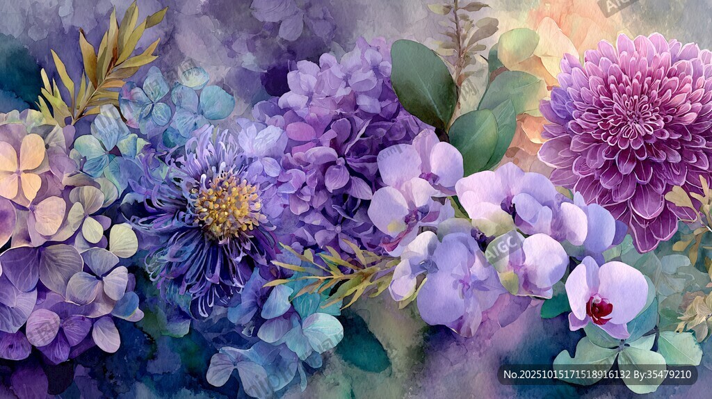 梦幻紫色花卉水彩画