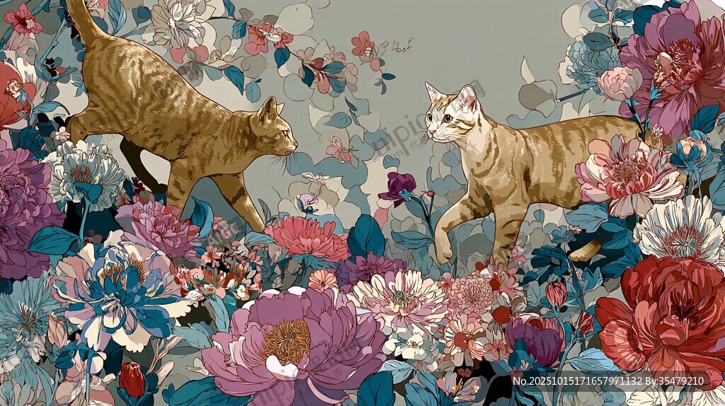 双猫戏花丛