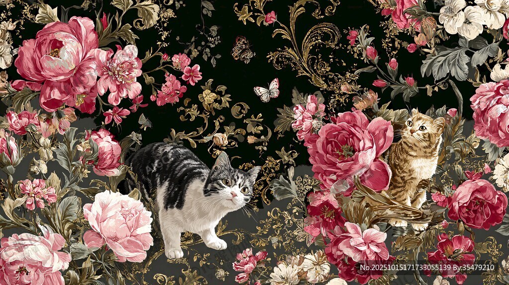 花卉丛中双猫的浪漫图景