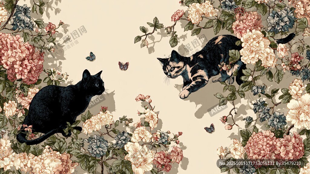花丛中的黑猫与三色猫