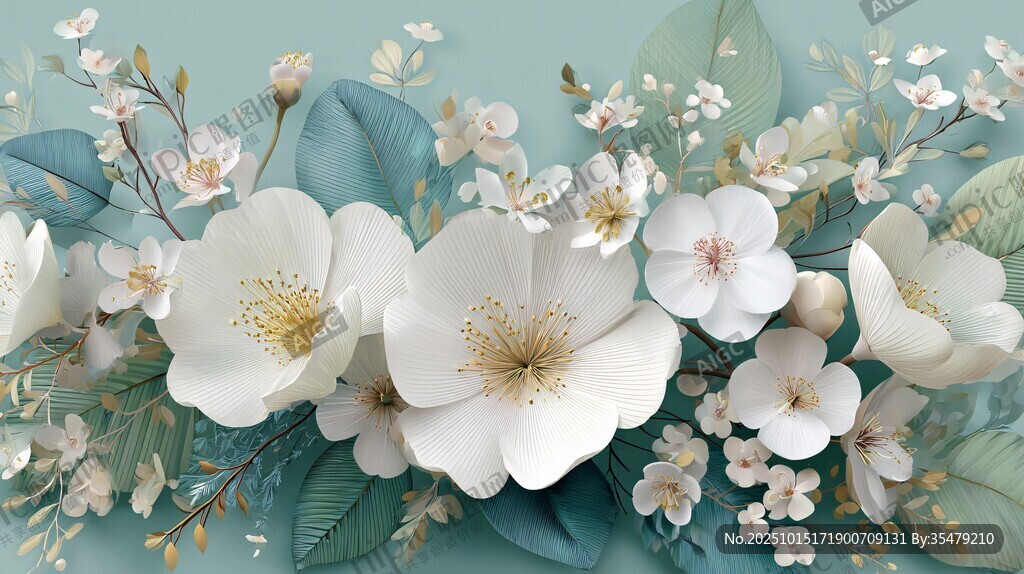 清新白花绿叶花卉插画