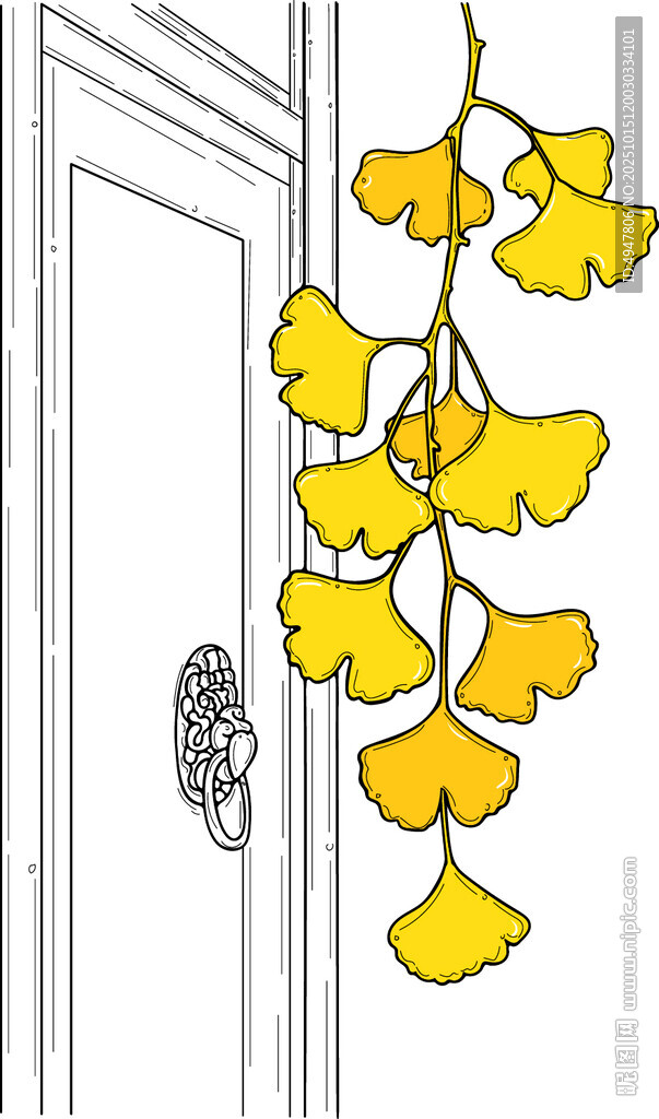 门边垂挂的金黄银杏叶 矢量图