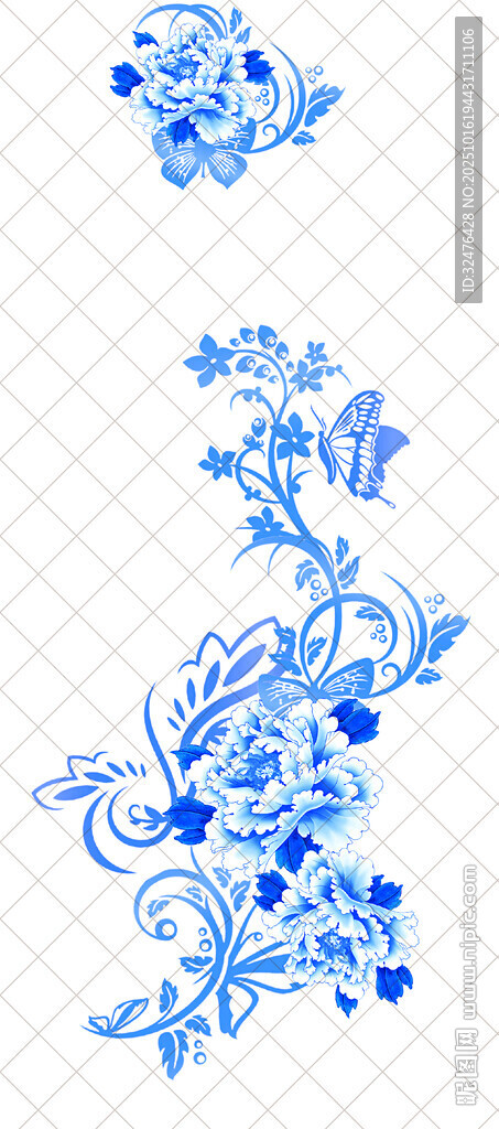 蓝色中式花卉装饰图案