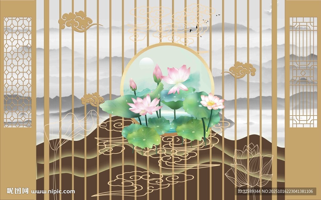 中式屏风上的荷花景致