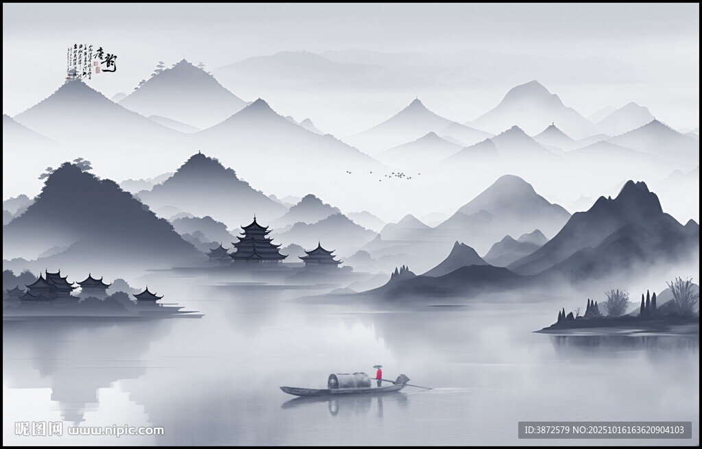 新中式意境水墨画山水背景墙