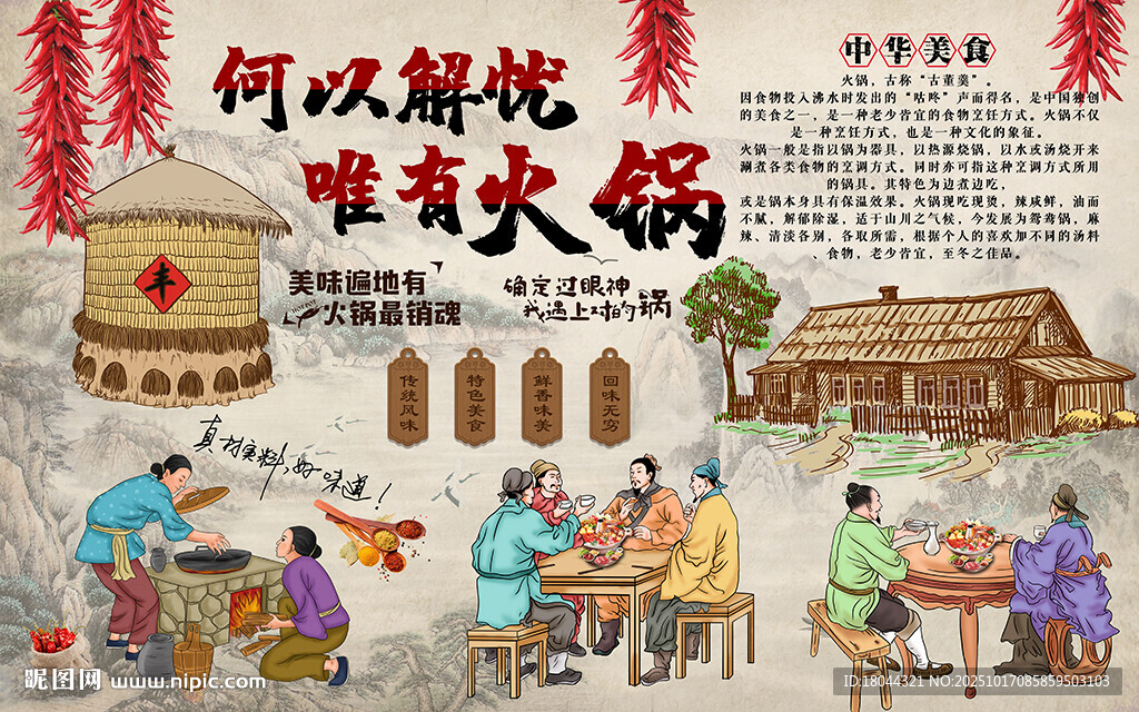 中国风美食火锅工装背景墙