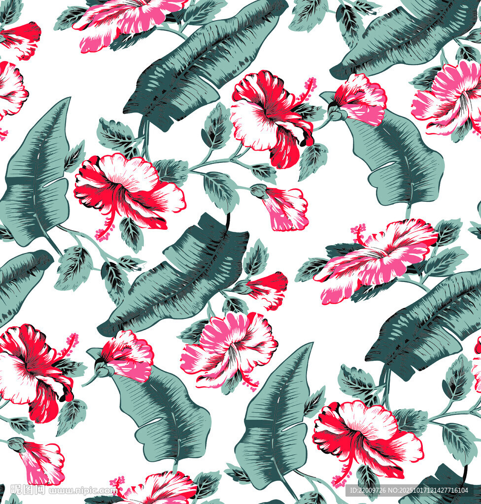 花卉绿叶水彩无缝图案