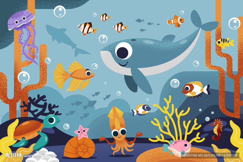 可爱鲸鱼卡通海底景观水族馆背景