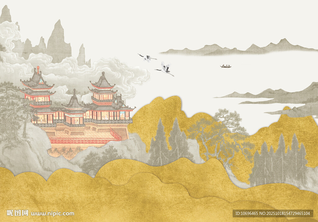 新中式轻奢山水阁楼背景墙