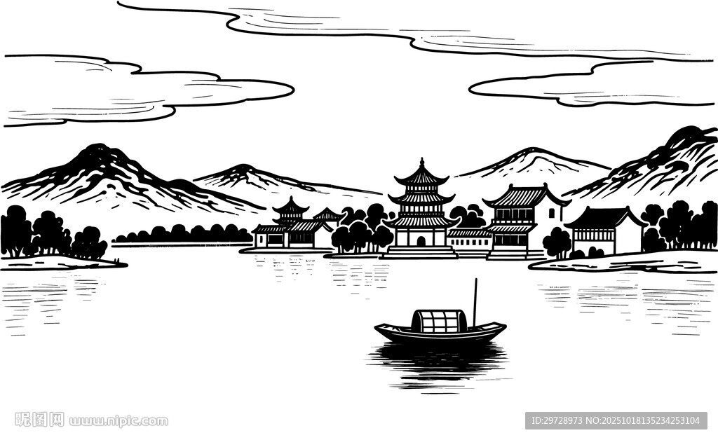 手绘山水楼阁线条图