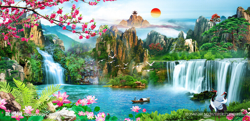旭日东升山水风景画