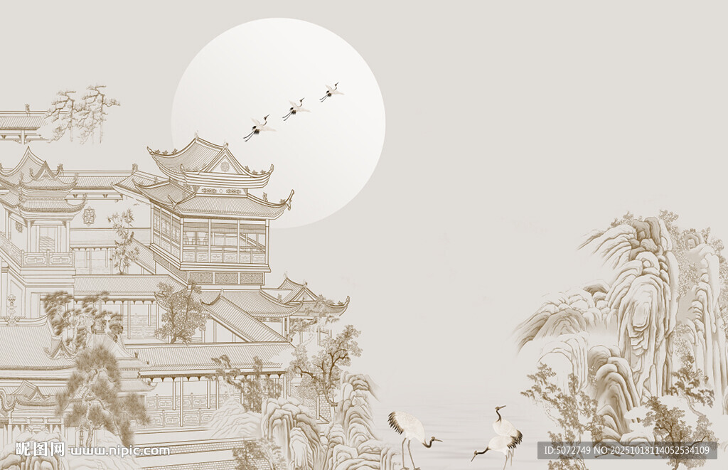 古风月夜楼阁图
