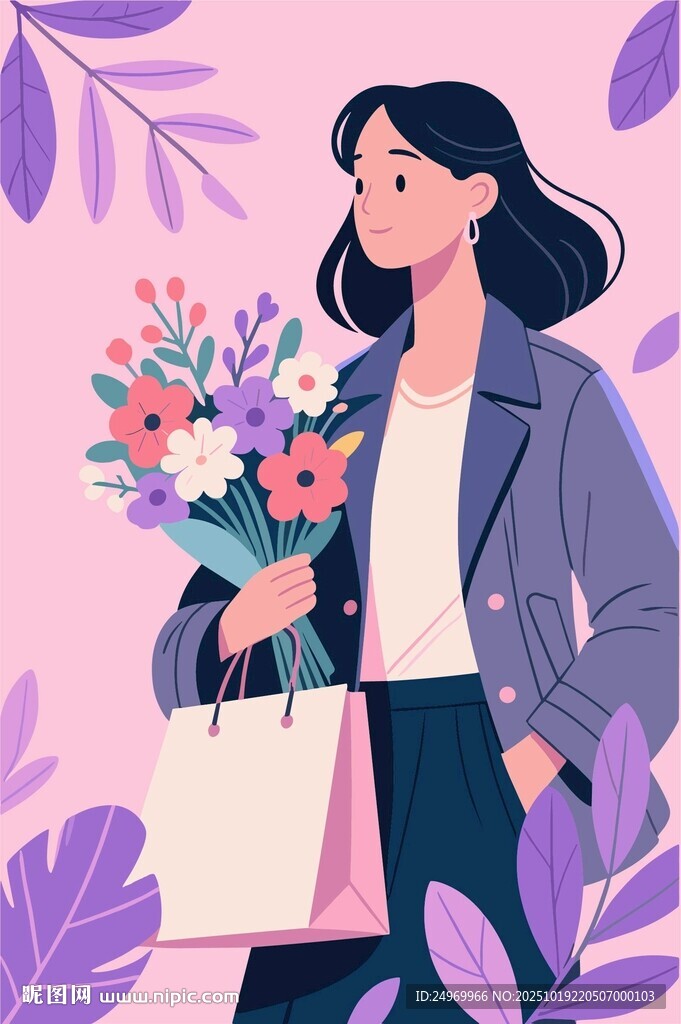 女子手持鲜花与购物袋