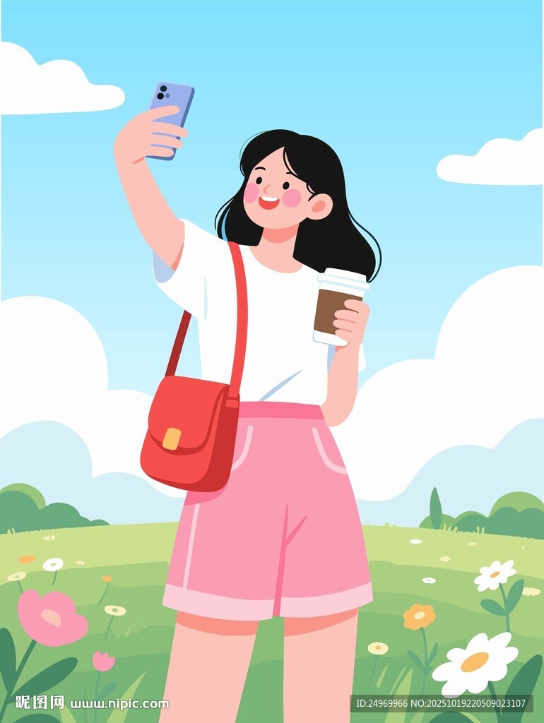 女孩户外自拍插画