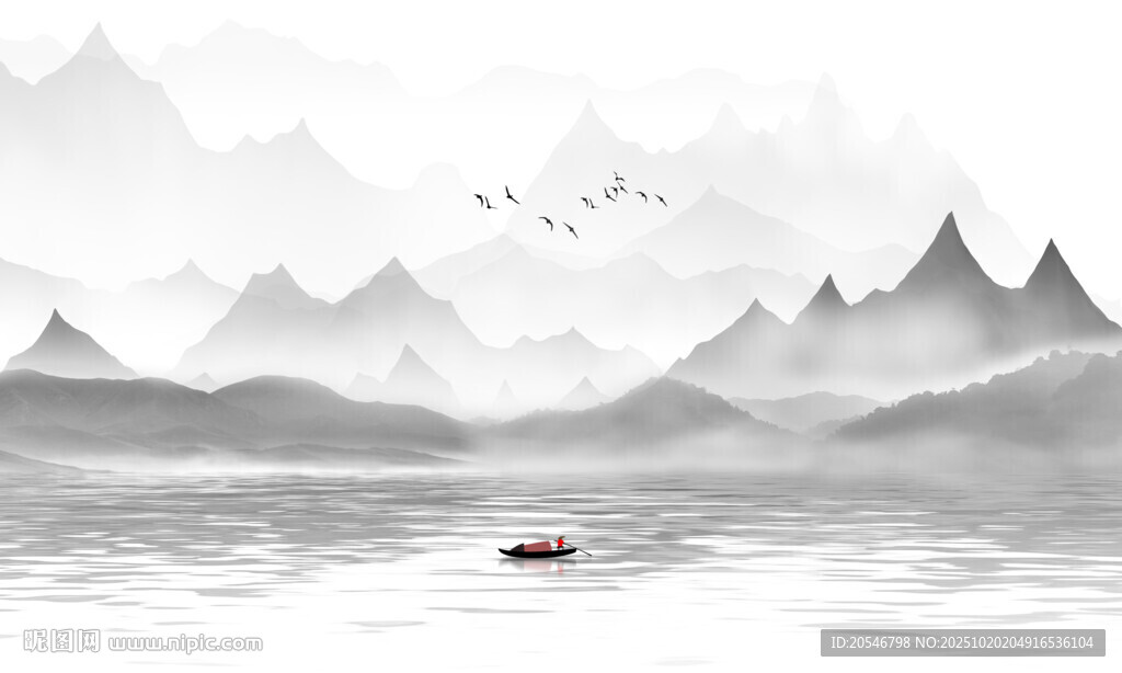 新中式古风国画山水背景墙壁画
