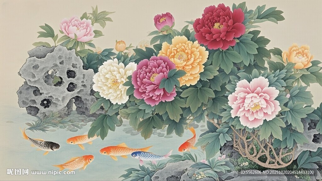 牡丹锦鲤图