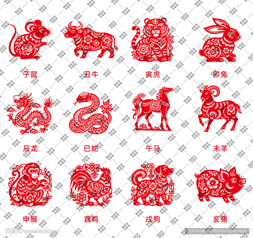 十二生肖剪纸插画矢量图元素