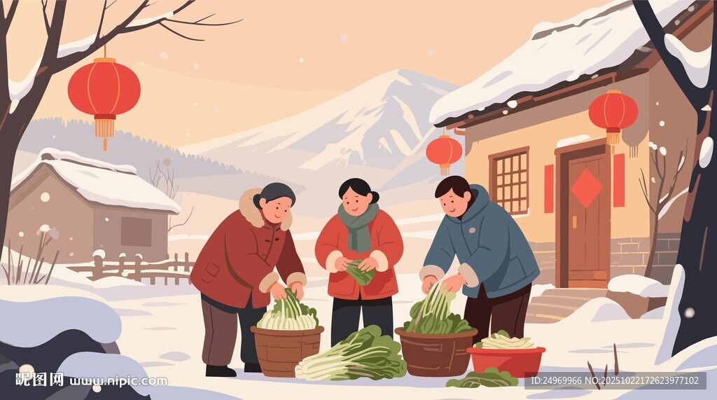 冬日选菜腌菜场景插画