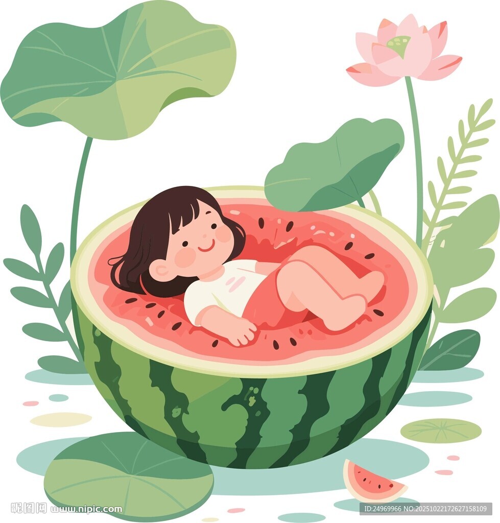 女孩躺卧在西瓜中插画