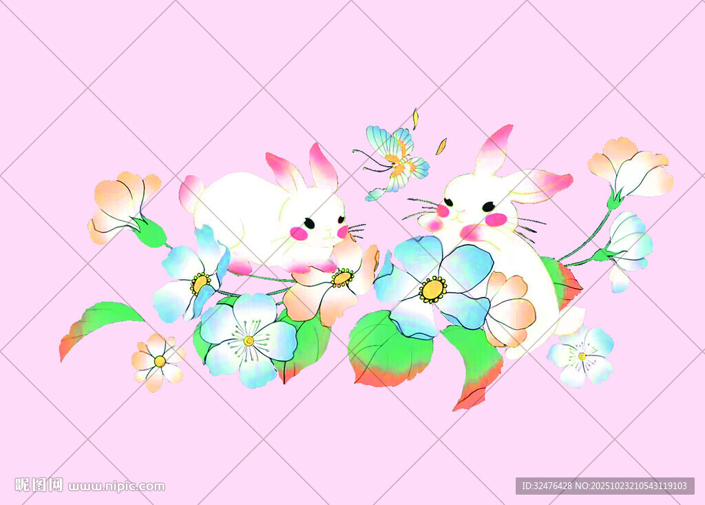 可爱兔子与花卉插画