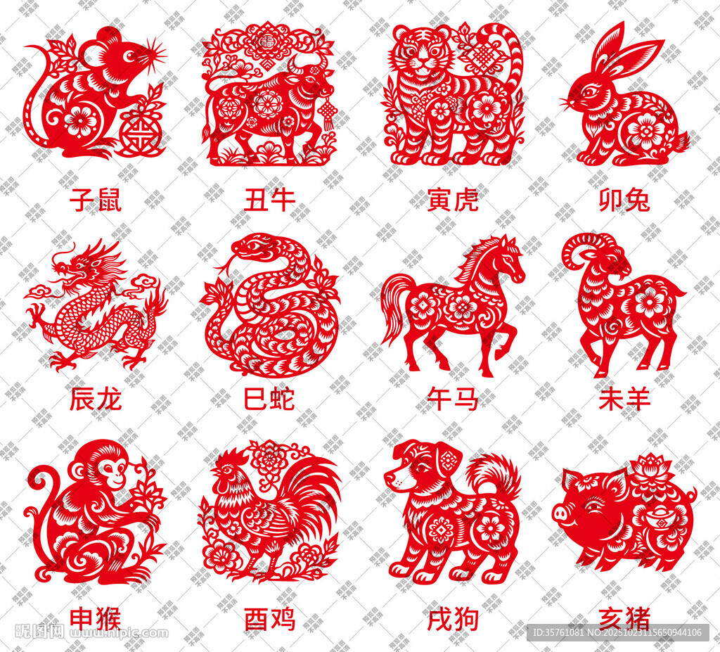 十二生肖剪纸插画矢量图元素