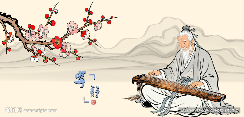 古风雅士抚琴赏梅图