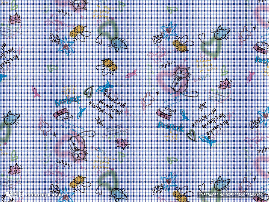 动漫图案蓝白格子布料 