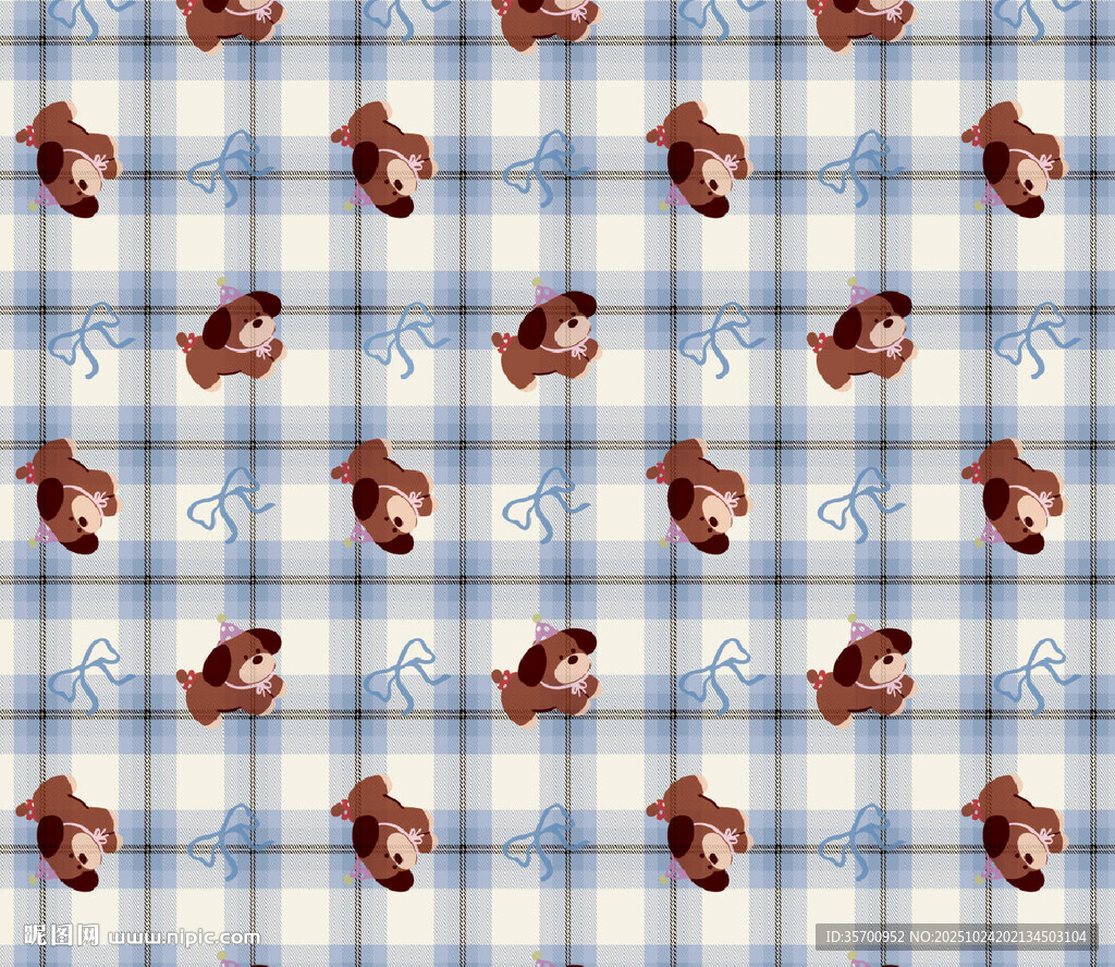 小熊图案蓝白格子布料