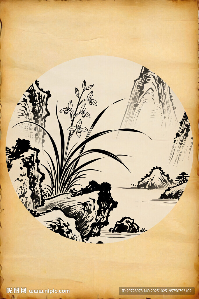 中式水墨兰花山水图